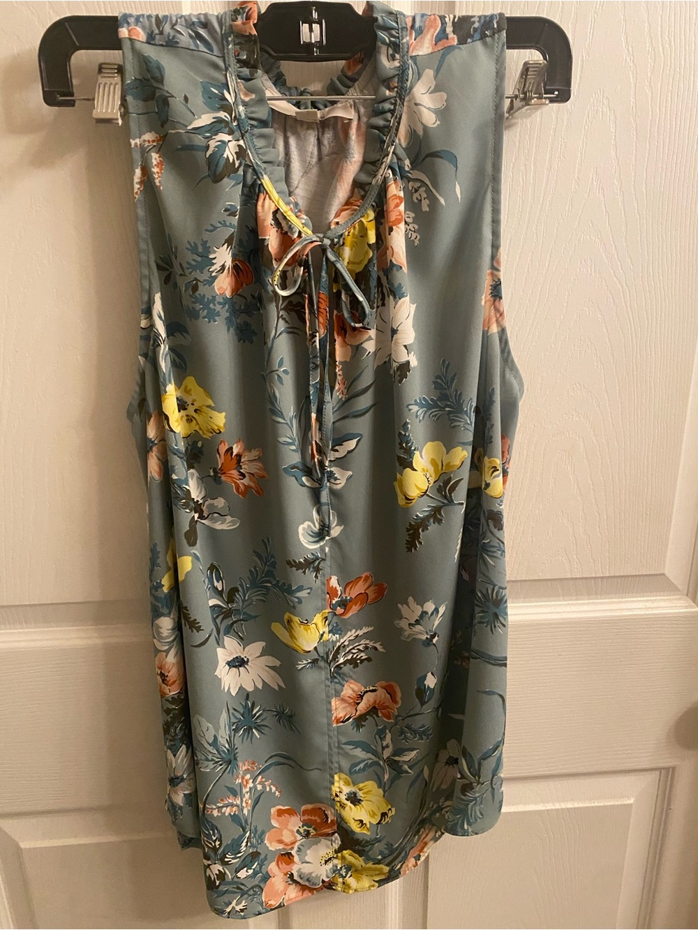 LOFT Floral Tie-Neck Blouse in Teal peach and Yellow Size Large